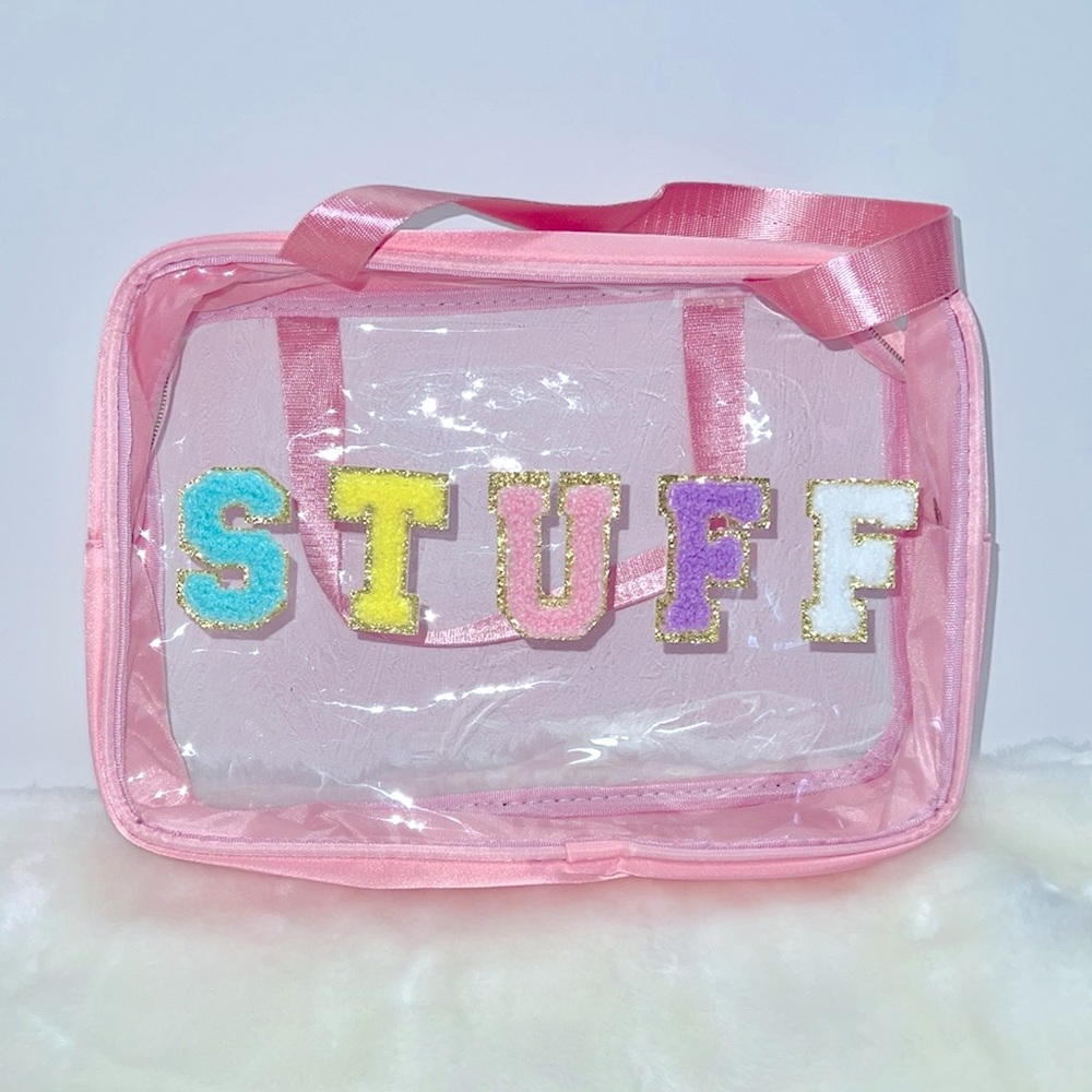 Cosmetic Toiletry Pink & Clear Bag with Handles “Stuff”